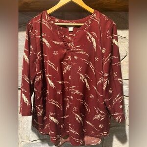 Women's Burgundy Print Blouse, 3/4 sleeve